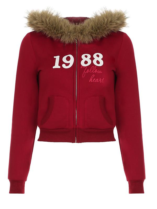 Letter Print Fur Collar Pocket Hoodie -- YKIIY  CLOTHING