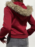 Letter Print Fur Collar Pocket Hoodie -- YKIIY  CLOTHING