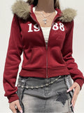 Letter Print Fur Collar Pocket Hoodie -- YKIIY  CLOTHING