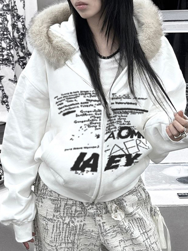 Letter Printed Plush Hooded Jacket -- YKIIY  CLOTHING