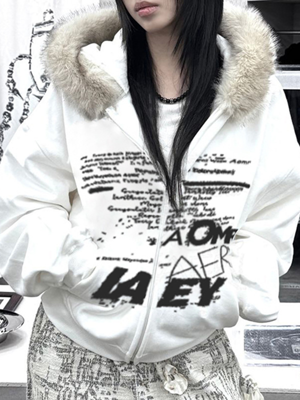 Letter Printed Plush Hooded Jacket -- YKIIY  CLOTHING