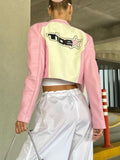 Letters Embroidery Zipper Cropped Jacket -- YKIIY  CLOTHING