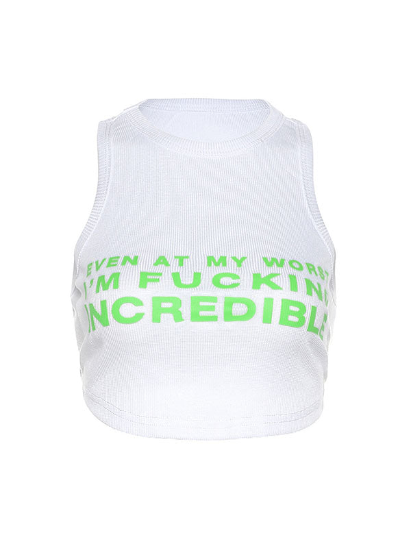 Letters Prints Crew Neck Cropped Tank Top -- YKIIY  CLOTHING