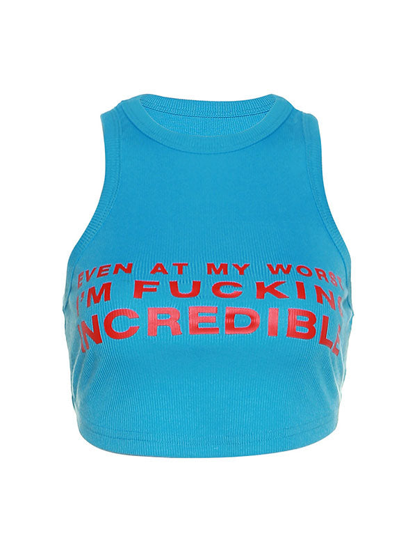 Letters Prints Crew Neck Cropped Tank Top -- YKIIY  CLOTHING