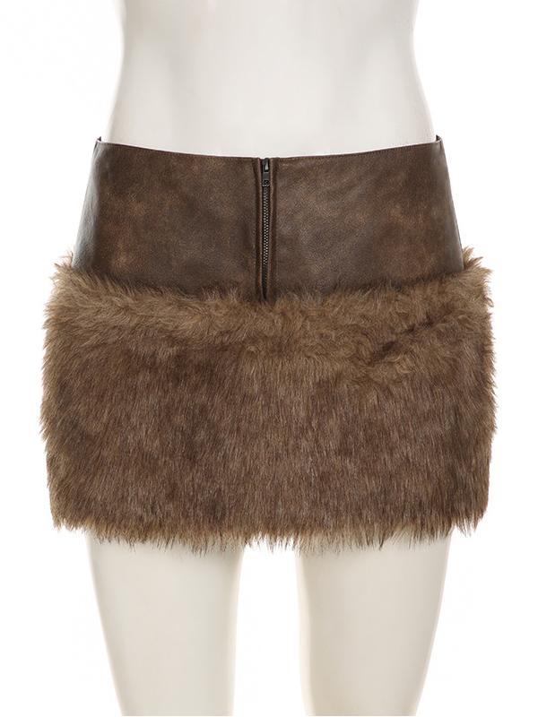 Low-rise Zippered Leather Paneled Fur Skirt -- YKIIY  CLOTHING