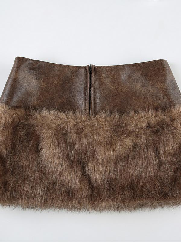 Low-rise Zippered Leather Paneled Fur Skirt -- YKIIY  CLOTHING