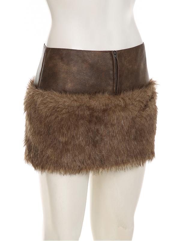 Low-rise Zippered Leather Paneled Fur Skirt -- YKIIY  CLOTHING