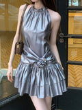 Metallic Ruched Halterneck Sleeveless 3D Floral Minidress -- YKIIY  CLOTHING