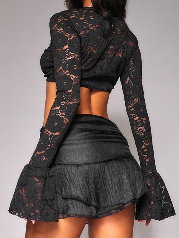 Navel-exposed Long-sleeved  Lace Corp Top -- YKIIY  CLOTHING