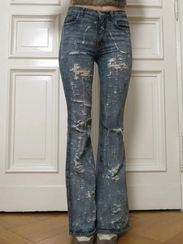 Low Waist Broken Holes Flared Jeans