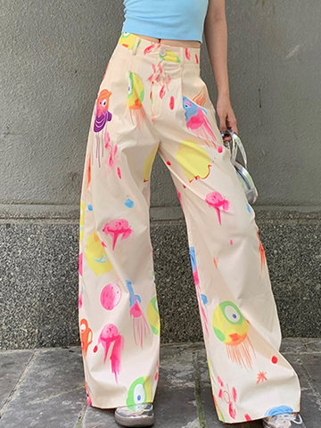 Graffiti-Print Woven Wide-Leg Pants