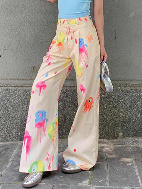 Graffiti-Print Woven Wide-Leg Pants