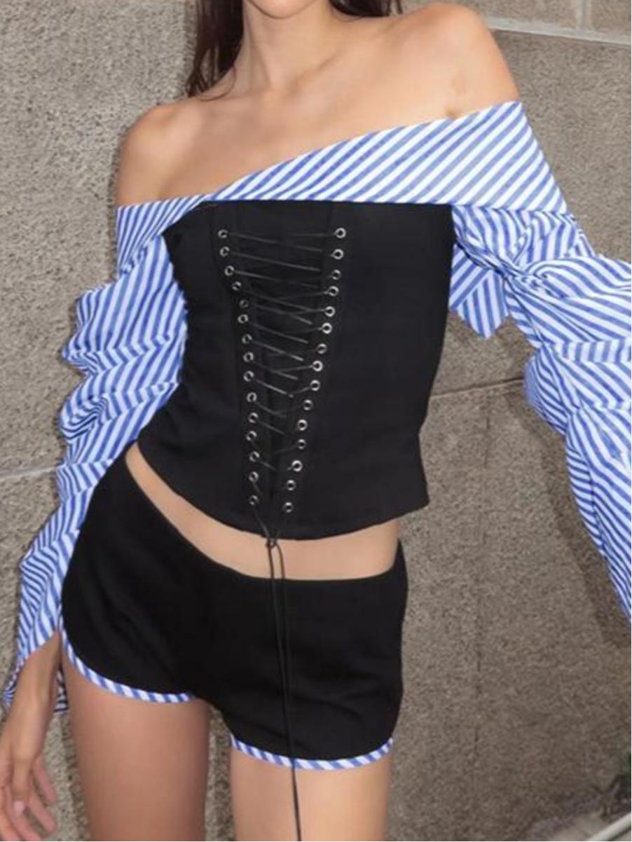 Off shoulder Striped Irregular Crop Top Shorts Two-piece Set -- YKIIY  CLOTHING