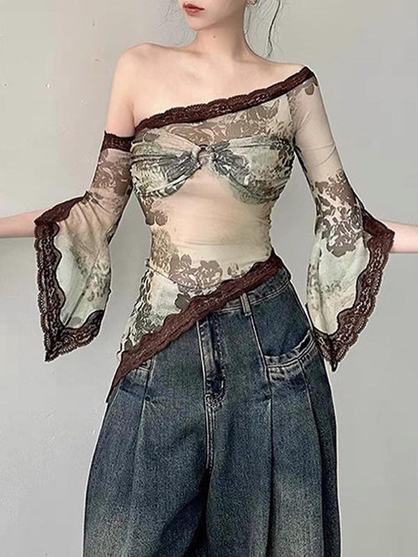 One Shoulder Decorative Lace T-Shirt -- YKIIY  CLOTHING