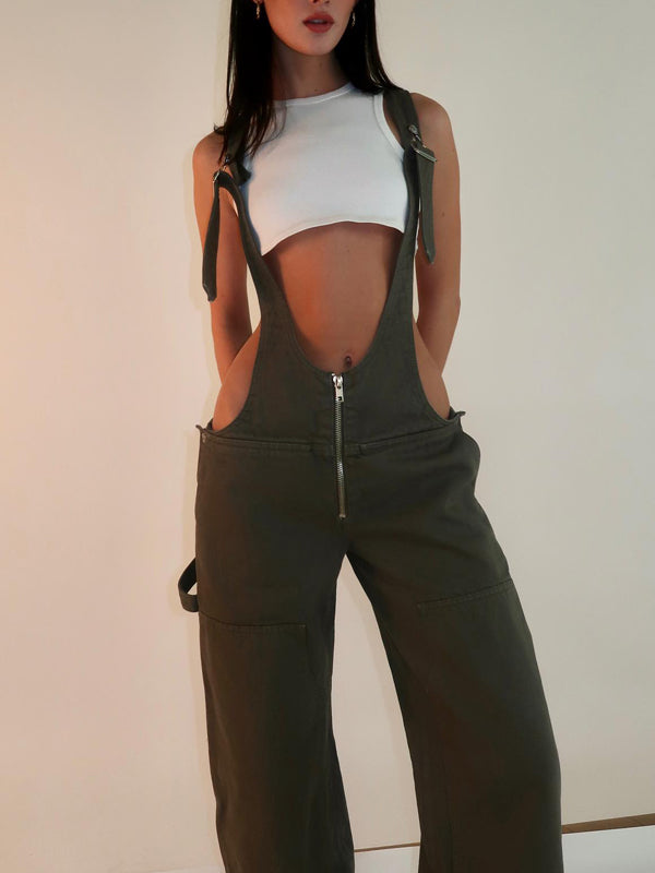 Patch Pocket Zipper Denim Overall Pants -- YKIIY  CLOTHING