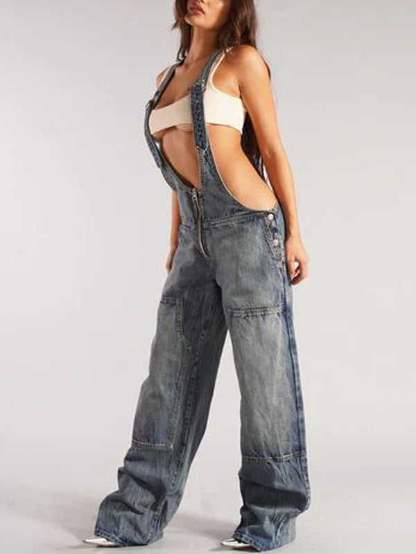 Patch Pocket Zipper Denim Overall Pants -- YKIIY  CLOTHING