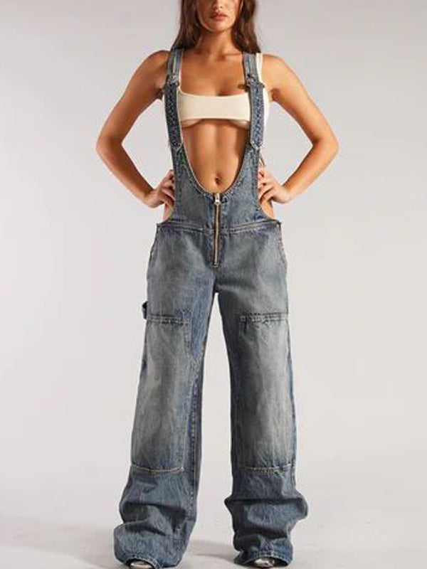 Patch Pocket Zipper Denim Overall Pants -- YKIIY  CLOTHING