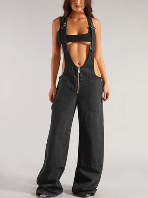 Patch Pocket Zipper Denim Overall Pants -- YKIIY  CLOTHING