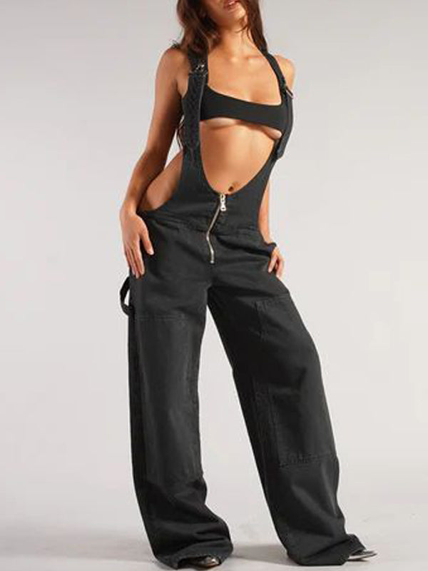 Patch Pocket Zipper Denim Overall Pants -- YKIIY  CLOTHING