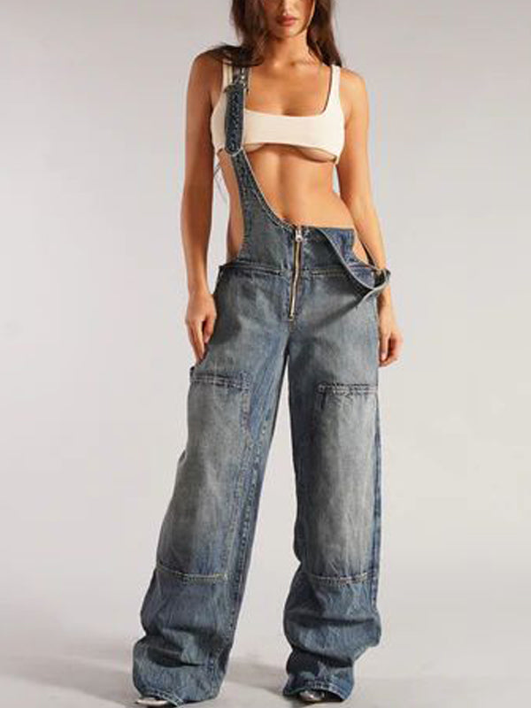 Patch Pocket Zipper Denim Overall Pants -- YKIIY  CLOTHING