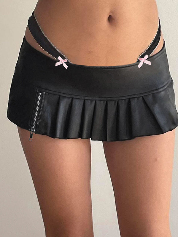 Plain Bow Zipper Pleated Bodice PU MIni Skirt -- YKIIY  CLOTHING