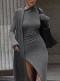 Plain High Slit High Neck Dress -- YKIIY  CLOTHING