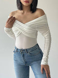 Plain Off Shoulder Rushed Sleeve Bodysuit -- YKIIY  CLOTHING