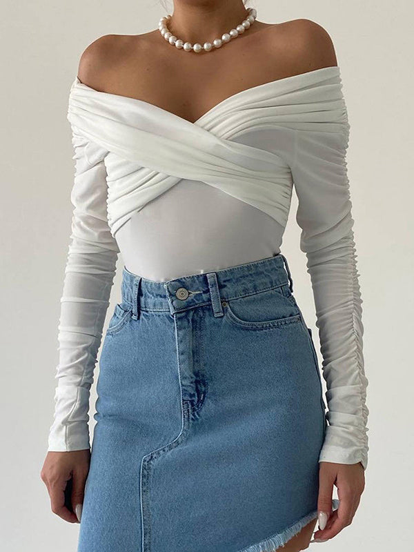 Plain Off Shoulder Rushed Sleeve Bodysuit -- YKIIY  CLOTHING