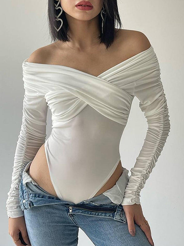 Plain Off Shoulder Rushed Sleeve Bodysuit -- YKIIY  CLOTHING