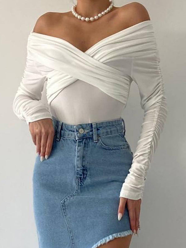 Plain Off Shoulder Rushed Sleeve Bodysuit -- YKIIY  CLOTHING