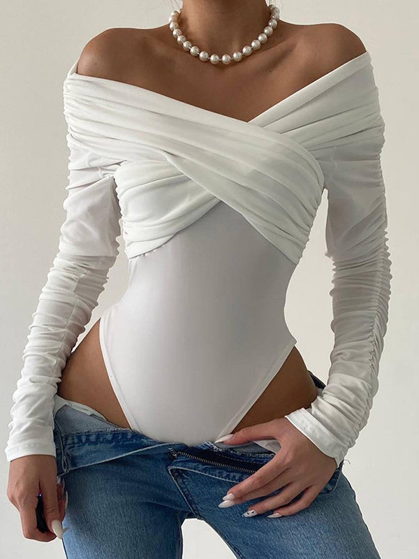 Plain Off Shoulder Rushed Sleeve Bodysuit -- YKIIY  CLOTHING