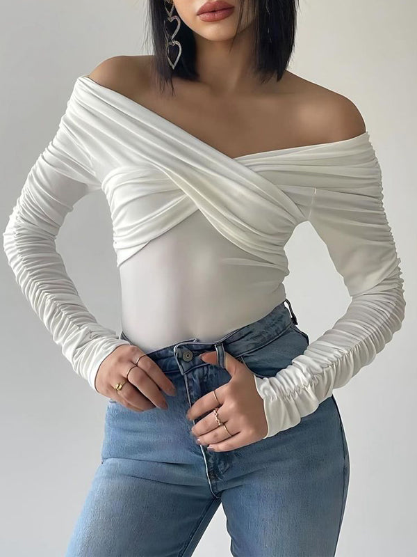 Plain Off Shoulder Rushed Sleeve Bodysuit -- YKIIY  CLOTHING