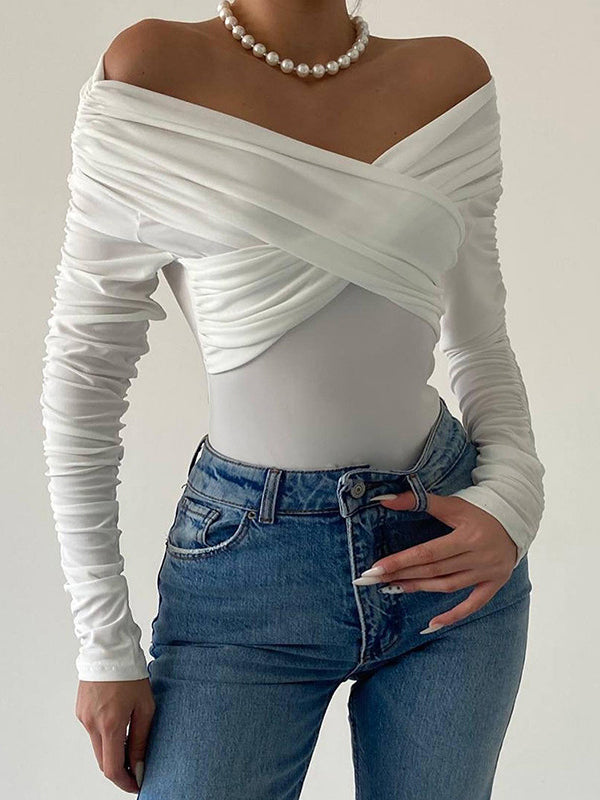 Plain Off Shoulder Rushed Sleeve Bodysuit -- YKIIY  CLOTHING