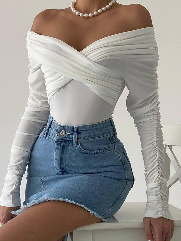 Plain Off Shoulder Rushed Sleeve Bodysuit -- YKIIY  CLOTHING