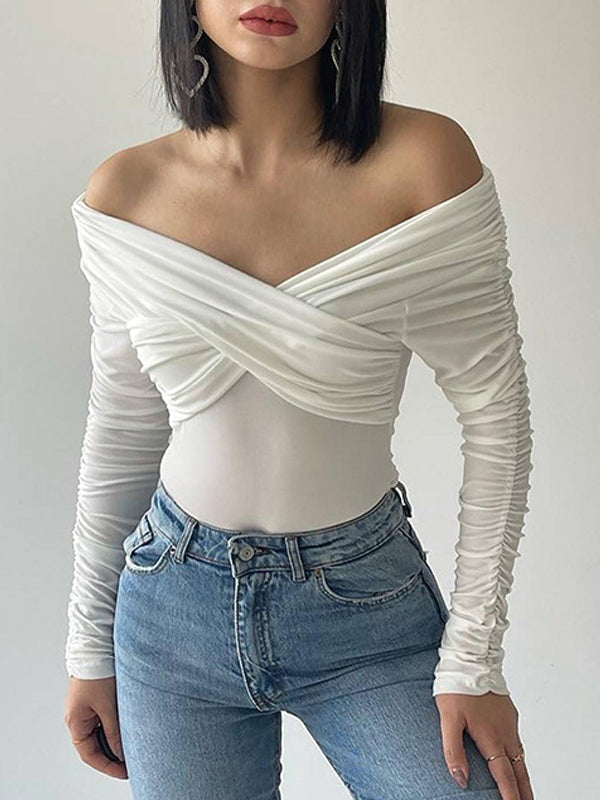 Plain Off Shoulder Rushed Sleeve Bodysuit -- YKIIY  CLOTHING