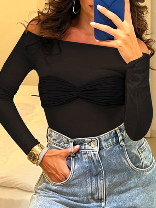 Plain Off Shoulder See Through T-Shirt -- YKIIY  CLOTHING