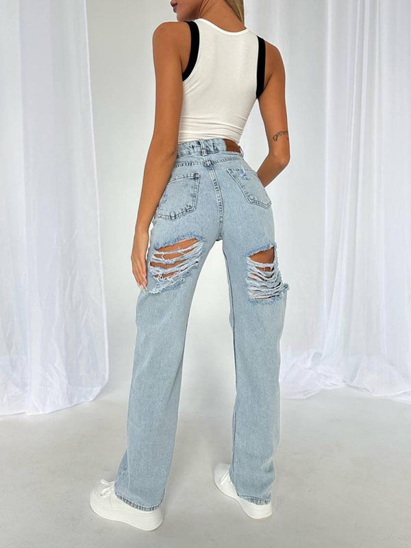 Plain Zipper Broken Holes Jeans(Pre-Sale)