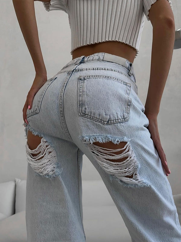 Plain Zipper Broken Holes Jeans(Pre-Sale)