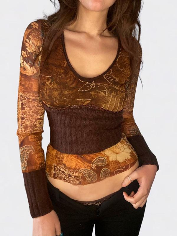 Printed Waistband Mesh Long-sleeved T-shirt -- YKIIY  CLOTHING