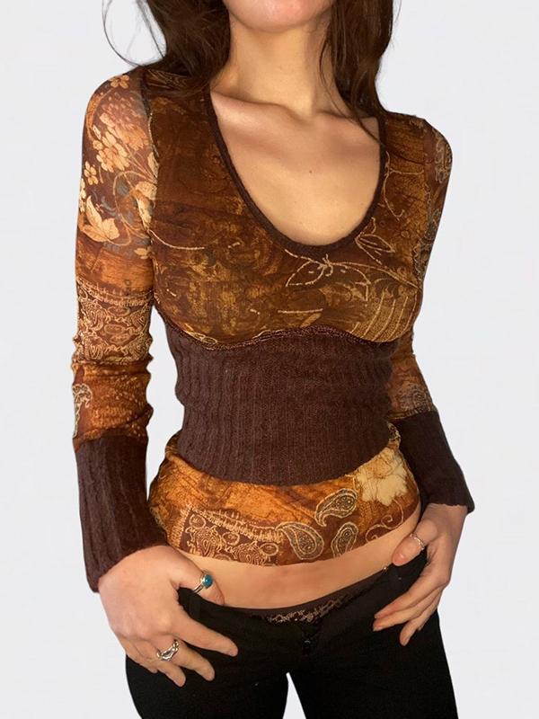 Printed Waistband Mesh Long-sleeved T-shirt -- YKIIY  CLOTHING