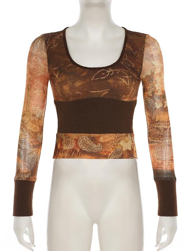 Printed Waistband Mesh Long-sleeved T-shirt -- YKIIY  CLOTHING