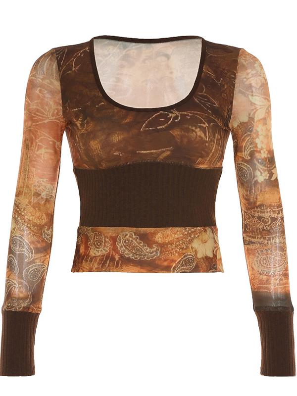 Printed Waistband Mesh Long-sleeved T-shirt -- YKIIY  CLOTHING