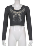 Retro Hot Rhinestone Print Long Sleeve T-Shirt -- YKIIY  CLOTHING