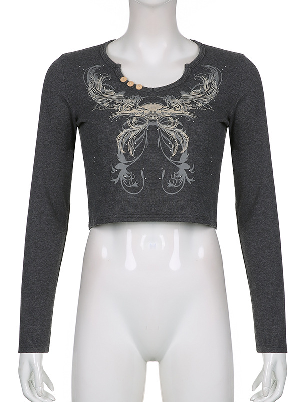 Retro Hot Rhinestone Print Long Sleeve T-Shirt -- YKIIY  CLOTHING