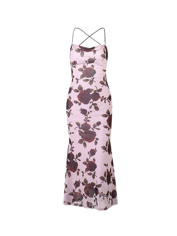 Rose Floral Printed Cross Strap Maxi Dress -- YKIIY  CLOTHING