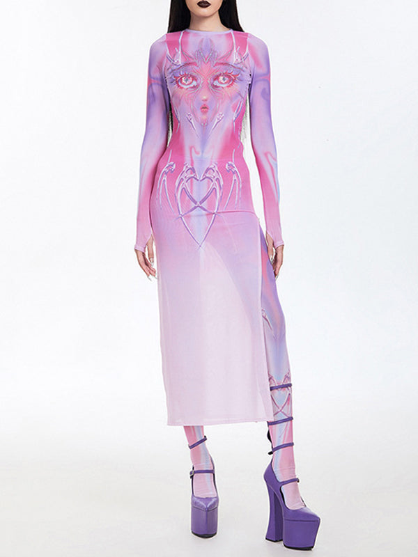 Round Neck Cartoon Gradient Midi Dress -- YKIIY  CLOTHING