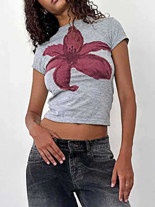 Round Neck Floral Printed T-Shirt -- YKIIY  CLOTHING