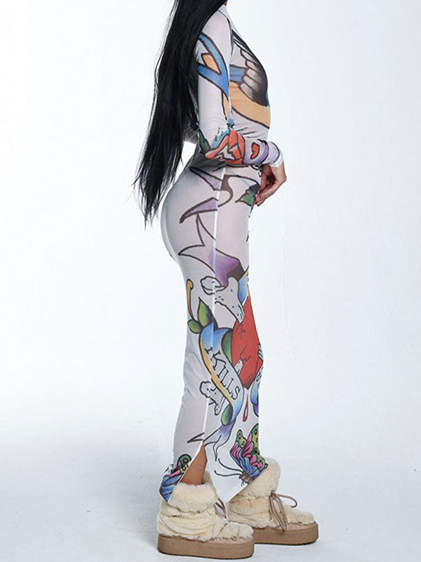 Round Neck Graffiti Mesh Slit Dress -- YKIIY  CLOTHING