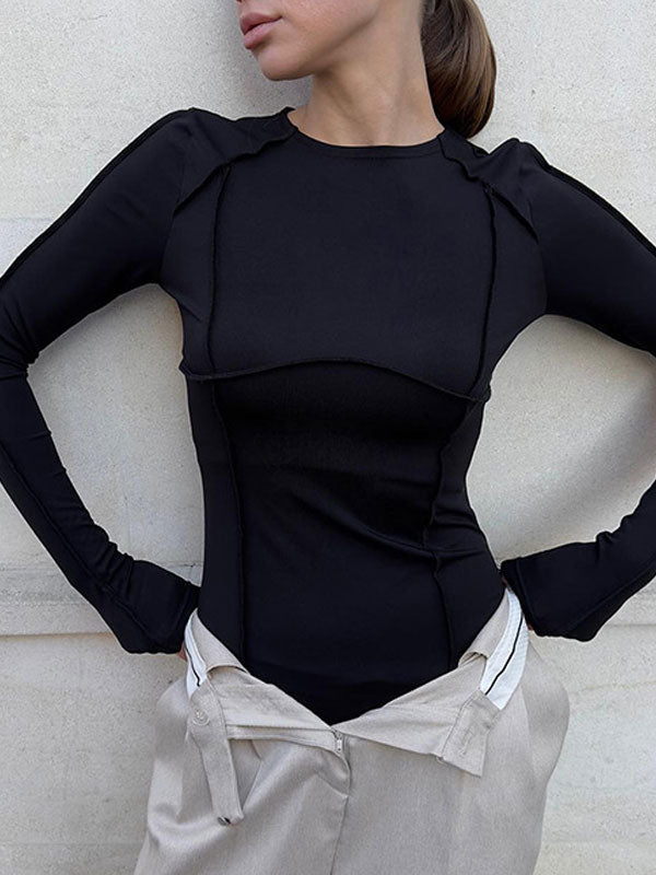 Round Neck Solid Patchwork Bodysuit -- YKIIY  CLOTHING