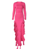 Round Neck Solid Ruffles Maxi Dress -- YKIIY  CLOTHING